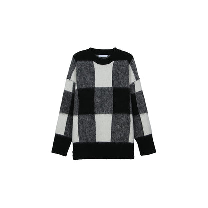 Plaid Color Contrast Crewneck Sweater Men Loose Winter Niche Fashion