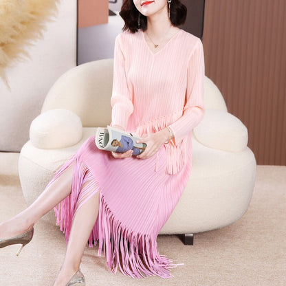 Pleated Dress For Women Gradient Color Round Collar Tassel Long Sleeve Loose  Summer Female Elegant