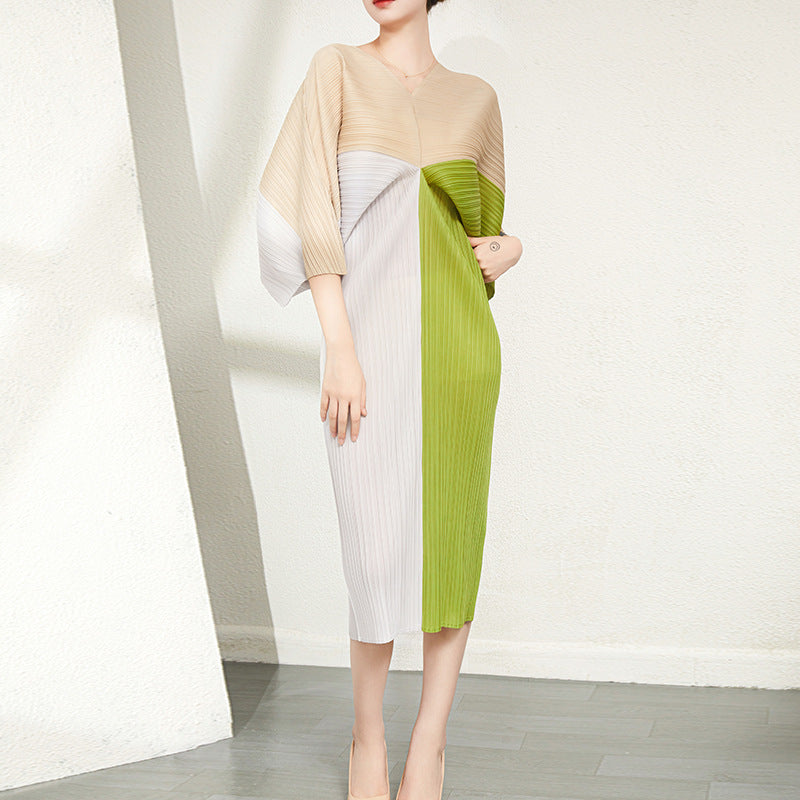 Contrast Color Pleated Dress For Women Casual V-neck Batwing Sleeves Elegant Dresses Female Clothing
