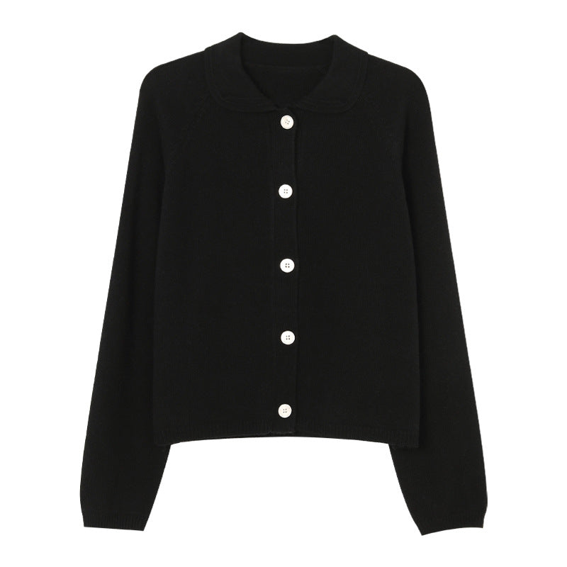 White Lapel Knitted Cardigan Loose Solid Color
