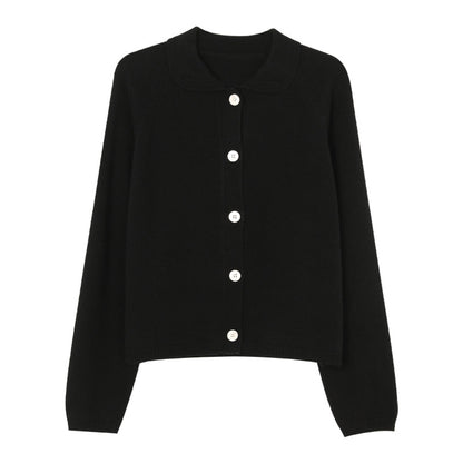 White Lapel Knitted Cardigan Loose Solid Color