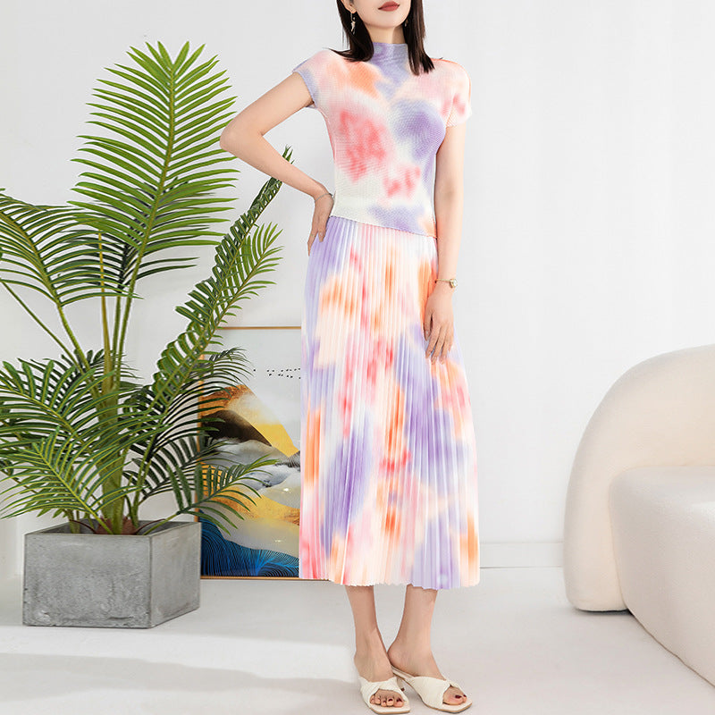 Gradient Pleated 2 Pieces Round Neck Short Sleeves Slim Tops High Waist Fold Skirts Female Clothing