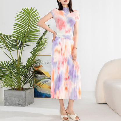 Gradient Pleated 2 Pieces Round Neck Short Sleeves Slim Tops High Waist Fold Skirts Female Clothing