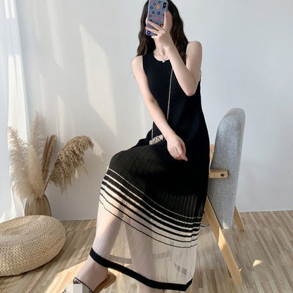 Knitted Sleeveless Long Dress Summer Dress Women's Soft Casual Stretch A Line Mesh Patchwork Striped Hem Dresses