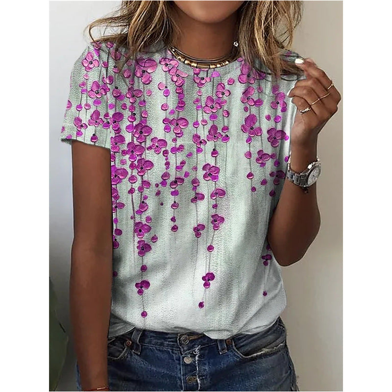 Floral Digital Printed Round Neck Short Sleeve T-shirt