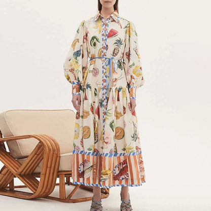 FRUIT PRINTED LONG DRESS FLIP NECK LAMP SLEEVE TIE UP DRESS