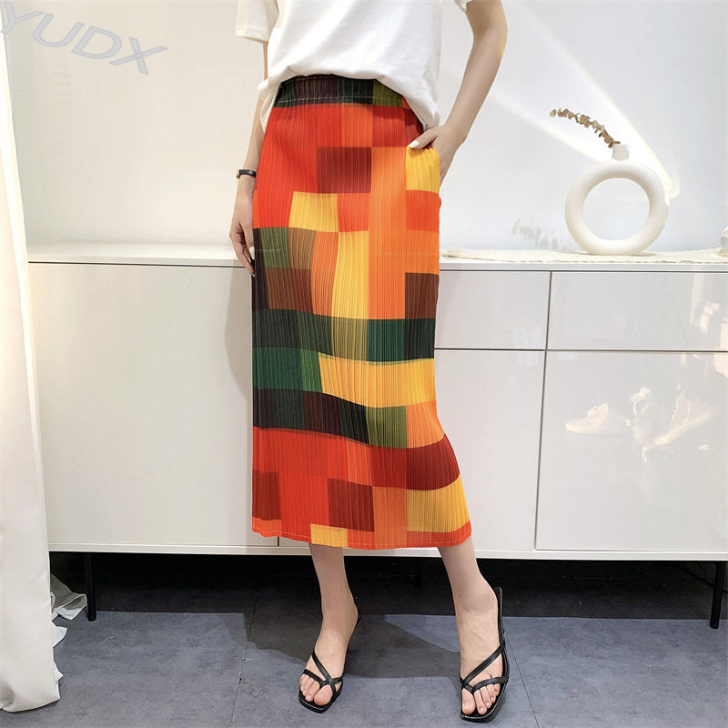 Pleated Summer New Rainbow Print Pleated Hundred High Waist Skinny After Open Fork The Long Women's Half-body Skirt