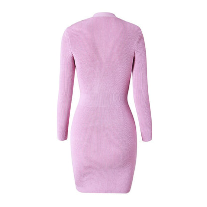 Gorgeous Designing Sexy V-neck Luxury Gold Metal Chain Sweater Knitting Women Violet Color Slit Fit Street Dress