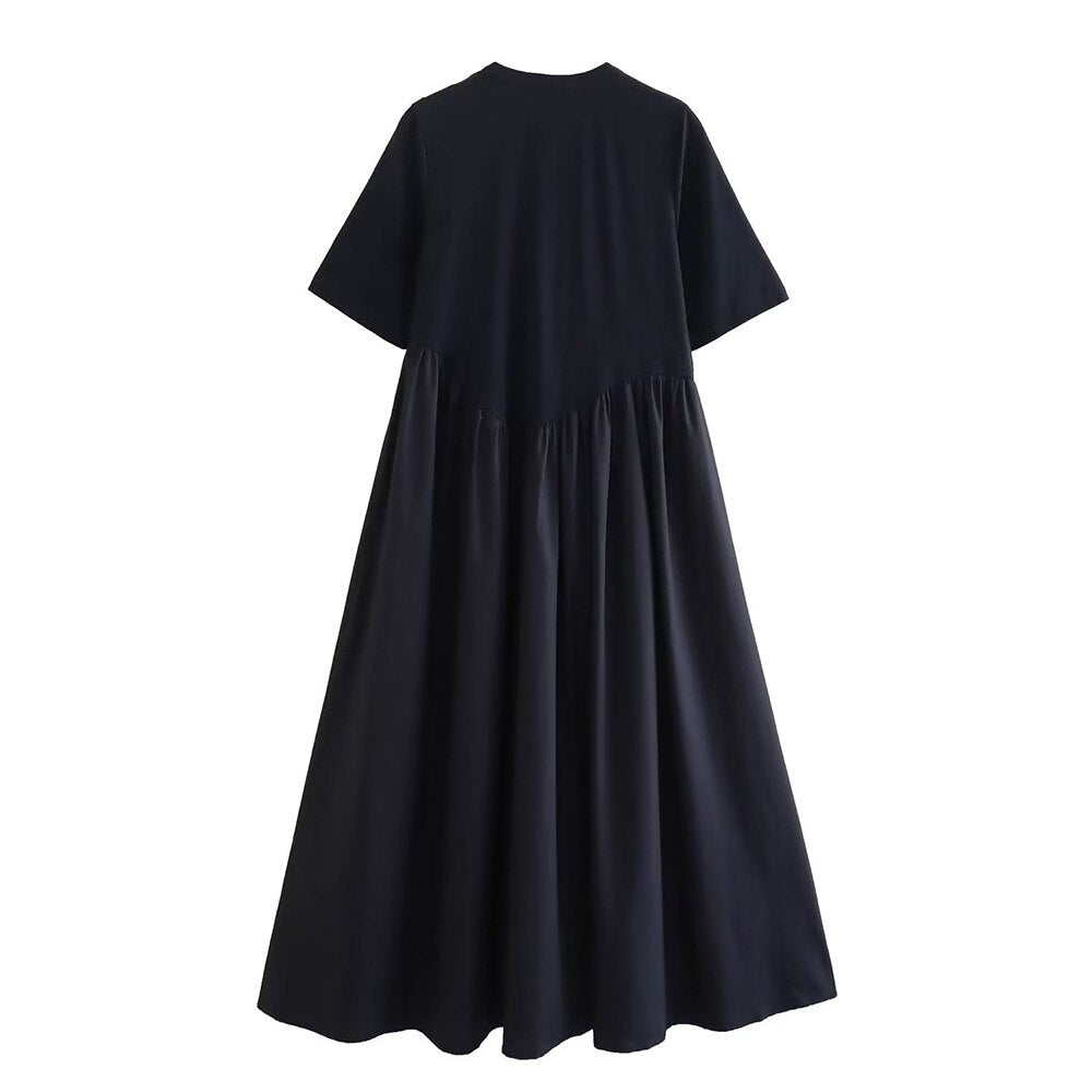 PB&ZA summer new women's fashion round neck simple style cotton knit poplin patchwork zip loose dress