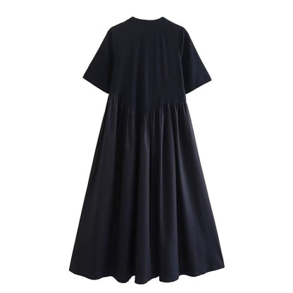 PB&ZA summer new women's fashion round neck simple style cotton knit poplin patchwork zip loose dress