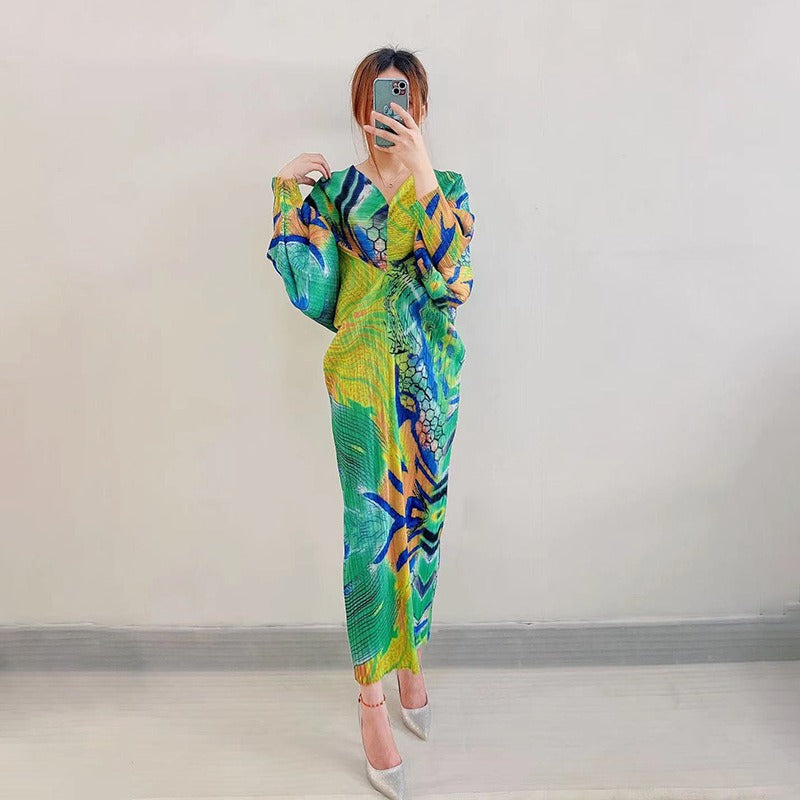 Sanzhai Pleated Summer New Bat Sleeves Loose Cover Meat Reduce Age Large Medium Length Bottom Dress