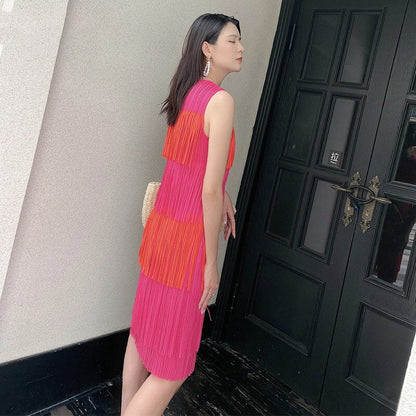 Woman Pleated Dress Hit Color Tassel Multi-layer Round Collar Sleeveless Loose Casual Style
