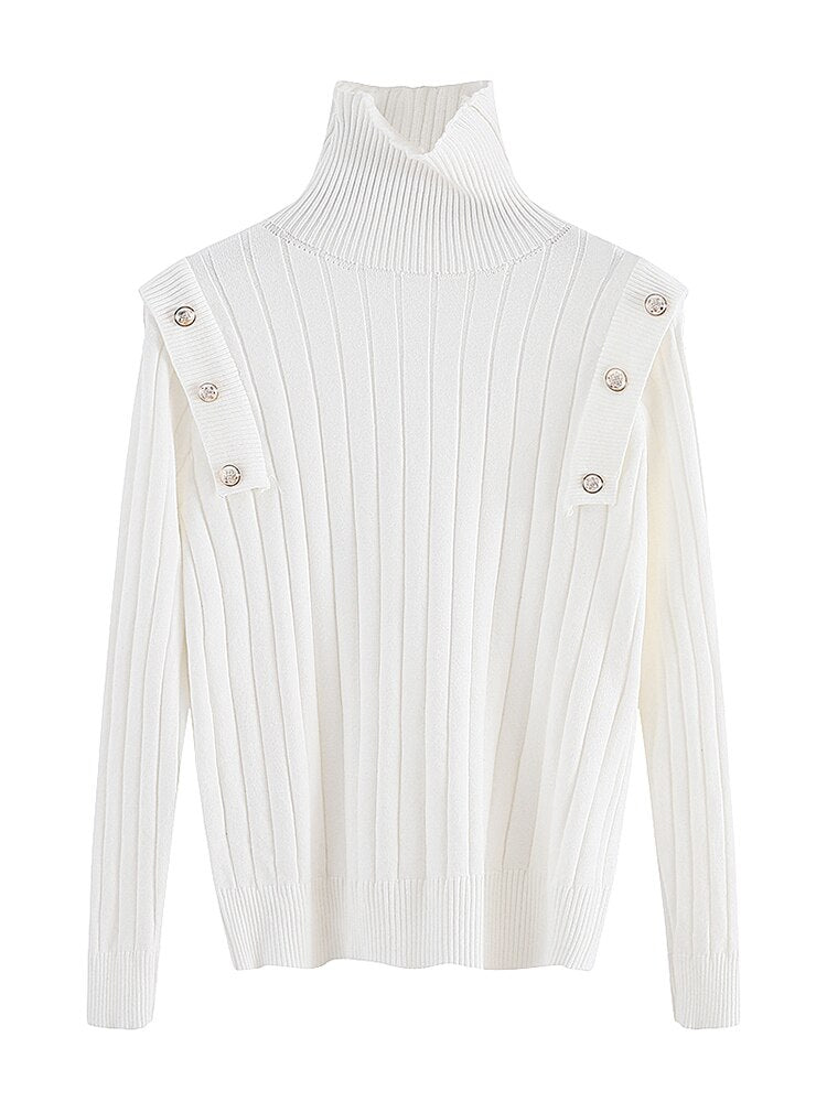 Pullover High Neck Knitwear Women's Spring And Autumn New Slim Button Decoration Long Sleeve Thin Sweater Bottoming Trend