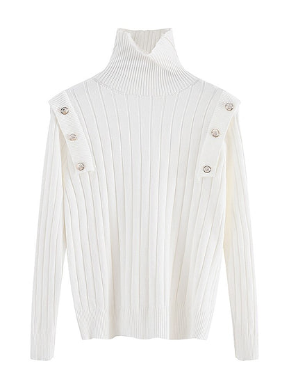 Pullover High Neck Knitwear Women's Spring And Autumn New Slim Button Decoration Long Sleeve Thin Sweater Bottoming Trend