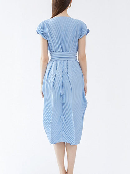 Pleated Dress Round Collar for Women Loose Short Sleeve Solid Color Lace-up Summer Female Fashion New Clothing