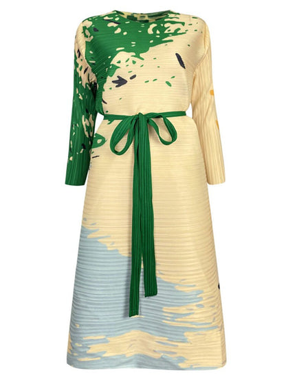DEAT Fashion Pleated Dress Women Loose O Neck Full Sleeves Lace Block Color Printing Spring New Medium Long Elegant 15G1447