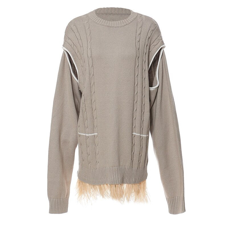 Fashion Women's Sweater Round Neck Loose Hollow Out Ostrich Feather Patchwork Hem Knitted Pullovers Autumn