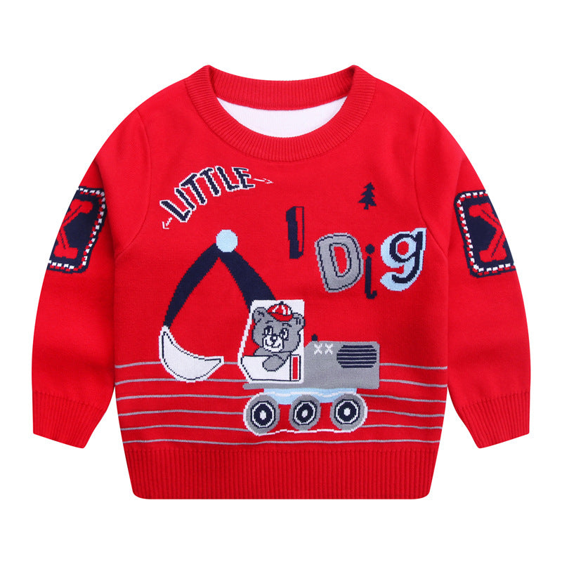 Autumnwinter New Cotton Line Cartoon Bear Excavator Boy's PulloverChildren's Long-sleeved Sweater