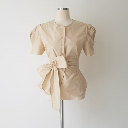 Ladies Temperament Round Neck Single-breasted Tie-waist Top