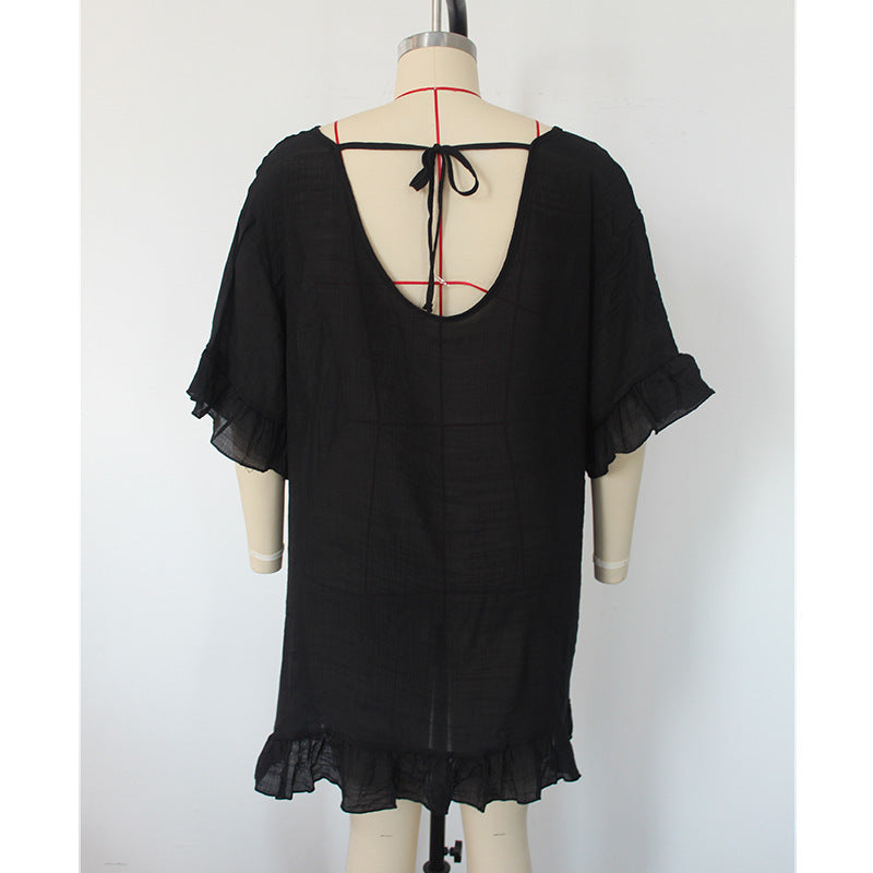Solid Color Sun Protection Shirt Ruffled V-neck Bikini Loose Blouse