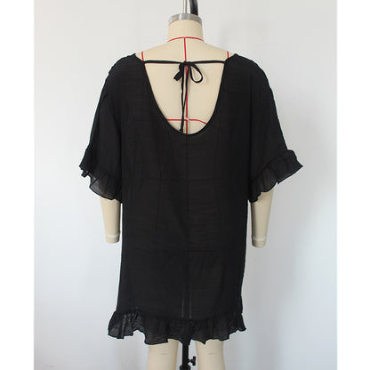 Solid Color Sun Protection Shirt Ruffled V-neck Bikini Loose Blouse