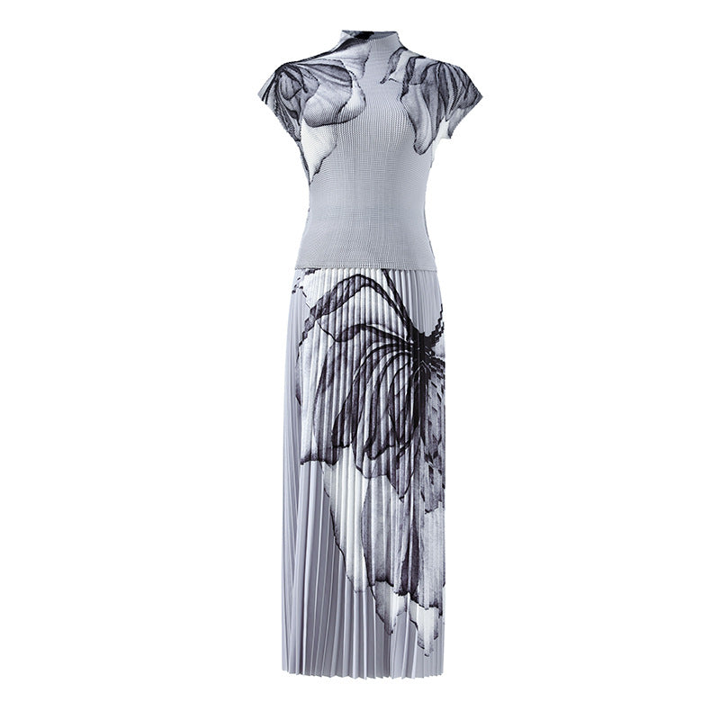 Fashion Printed Pleated 2 Pieces Set For Women Turtleneck Short Sleeves Thin Tops Female Clothing