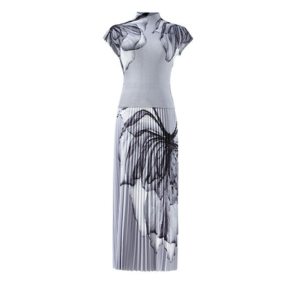 Fashion Printed Pleated 2 Pieces Set For Women Turtleneck Short Sleeves Thin Tops Female Clothing