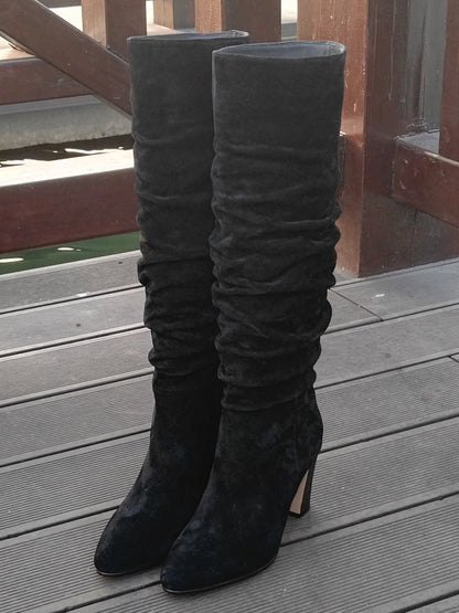 European And American Round Toe Pleated Thick Heel Mid-tube Fashion Boots