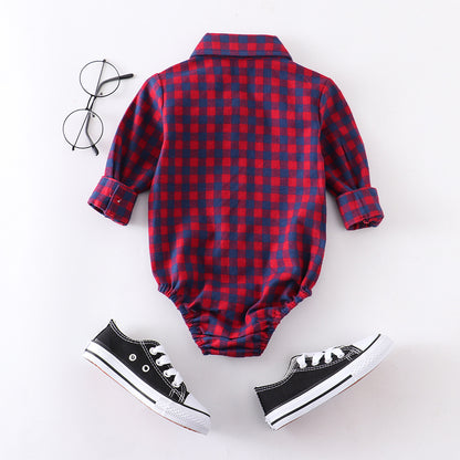 Autumn And Winter Plaid Baby Boy Romper Long-sleeved Shirt