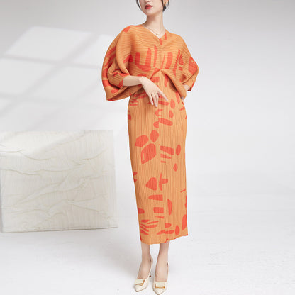Pleated Dress For Women V Neck Batwing Sleeves Printing Maxi Dresses Female Luxury Evening Clothing
