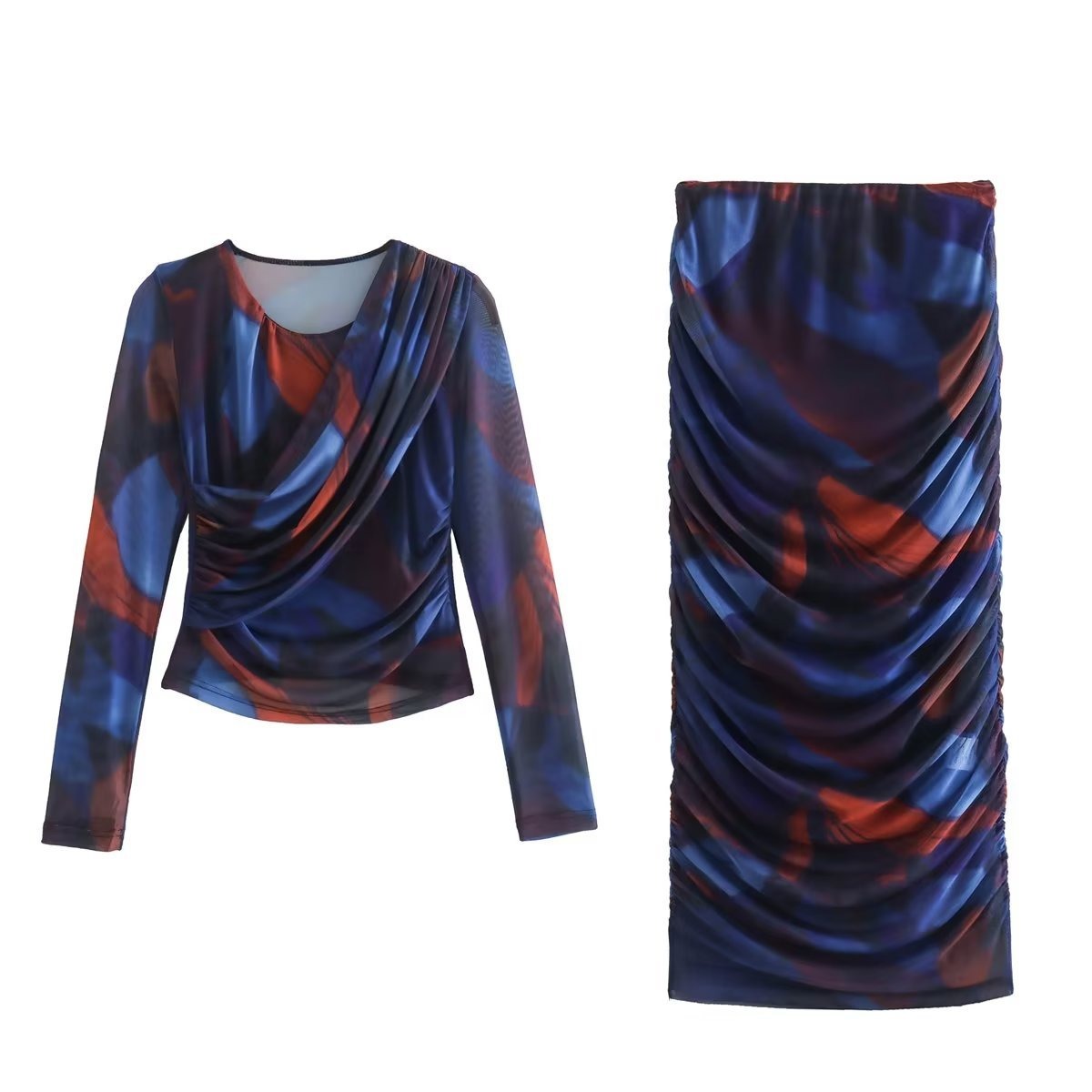 New Women's Wear European and American Style Round Neck Silk Screen Printed Long Sleeved Top+High Waisted Skirt Set