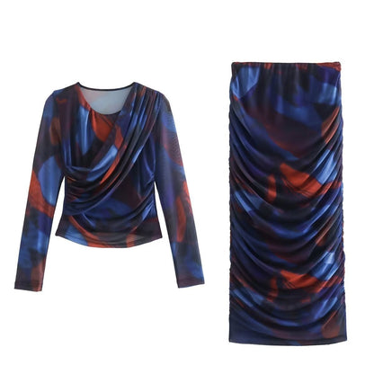 New Women's Wear European and American Style Round Neck Silk Screen Printed Long Sleeved Top+High Waisted Skirt Set