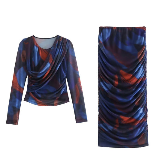 New Women's Wear European and American Style Round Neck Silk Screen Printed Long Sleeved Top+High Waisted Skirt Set