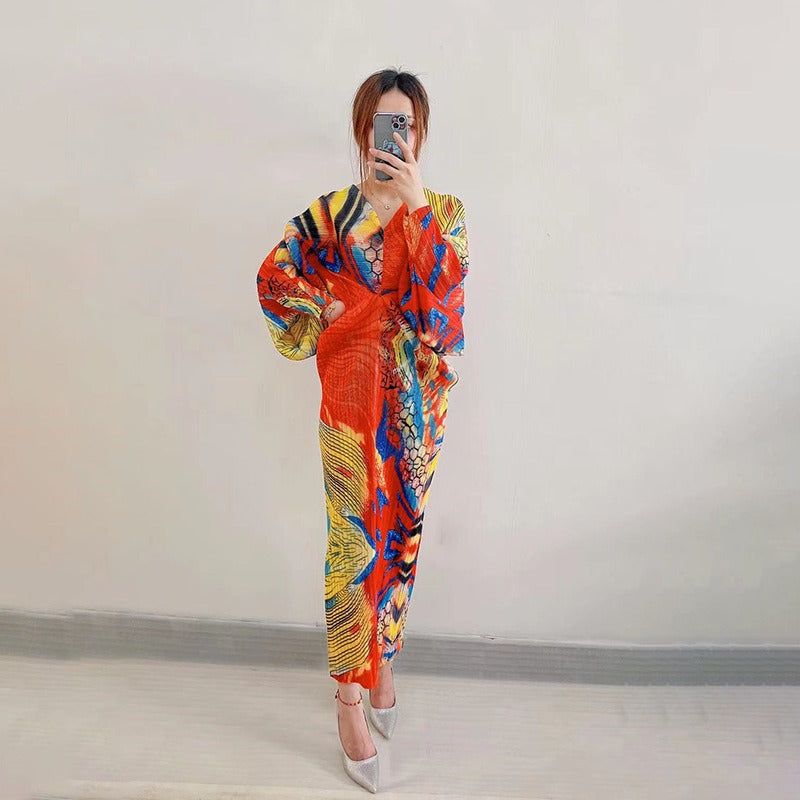 Sanzhai Pleated Summer New Bat Sleeves Loose Cover Meat Reduce Age Large Medium Length Bottom Dress