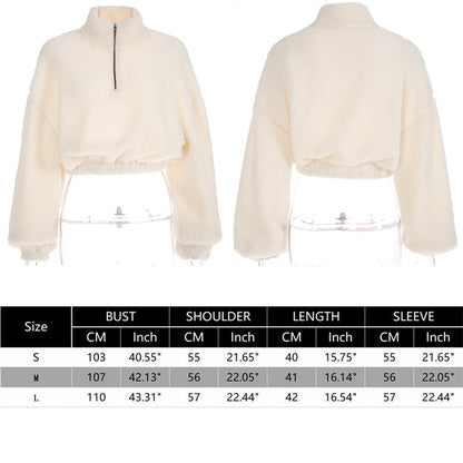 Winter Pullover Sweatshirts Women Zipper Oversized Hoodies Ladies White Turtleneck Faux Lambswool Crop Top Hoodie