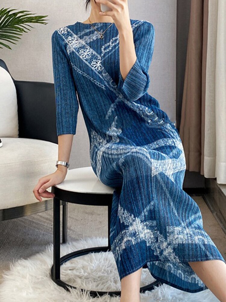 Fashion Mid-length Pleated Dress women Print Round Collar Three Quarter Sleeve Loose Female Clothes