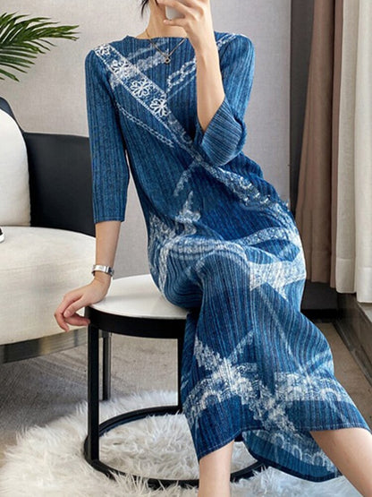 Fashion Mid-length Pleated Dress women Print Round Collar Three Quarter Sleeve Loose Female Clothes