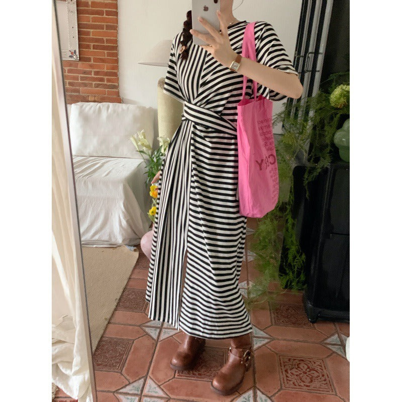 Korean Version of French Design with Irregular Tie Up Waist And Round Neck, Medium Length Split Stripe Short Sleeved Dress