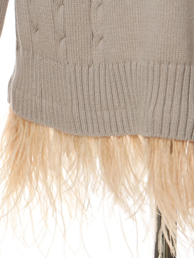 Fashion Women's Sweater Round Neck Loose Hollow Out Ostrich Feather Patchwork Hem Knitted Pullovers Autumn