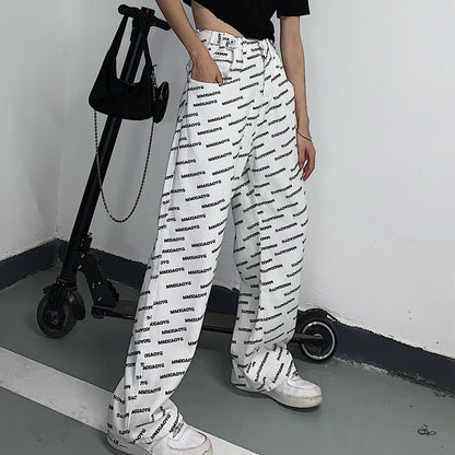 High Waist Vintage Letter Print Casual Loose Straight Drop Wide Leg Pants