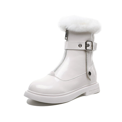 Shiny rabbit fur snow boots