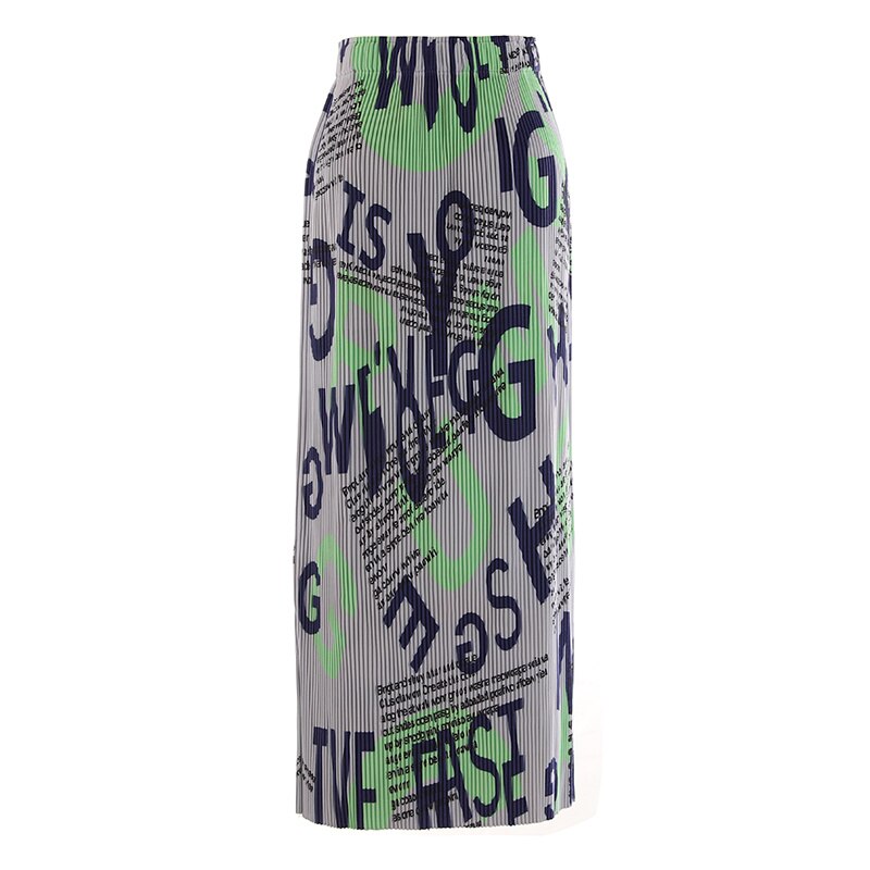 High Elastic Waist Gray Pattern Printed Long Pleated Half-body Skirt Women Fashion Tide New Spring Autumn