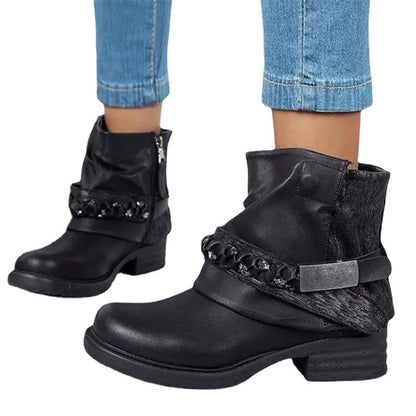 Large Size Leather Boots 43 Size Short Boots Square Heel Thick Heel Rhinestone Side Link Women's Boots