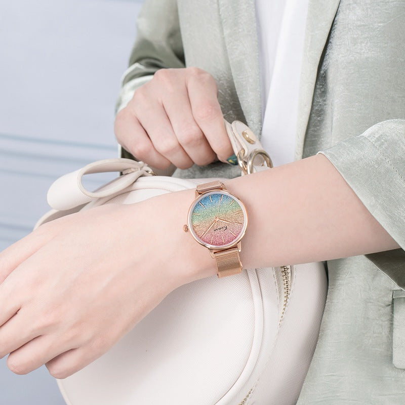 Rainbow Gradient Color Glitter Ladies Watch Mesh Strap Fashion Watch