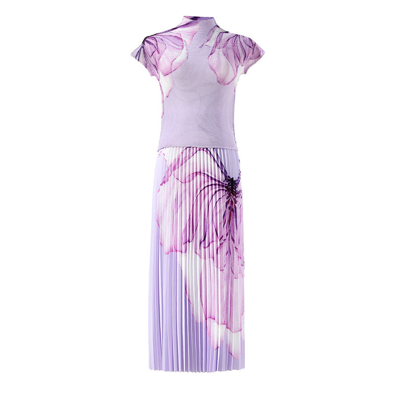 Fashion Printed Pleated 2 Pieces Set For Women Turtleneck Short Sleeves Thin Tops Female Clothing