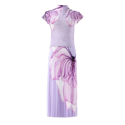 Fashion Printed Pleated 2 Pieces Set For Women Turtleneck Short Sleeves Thin Tops Female Clothing