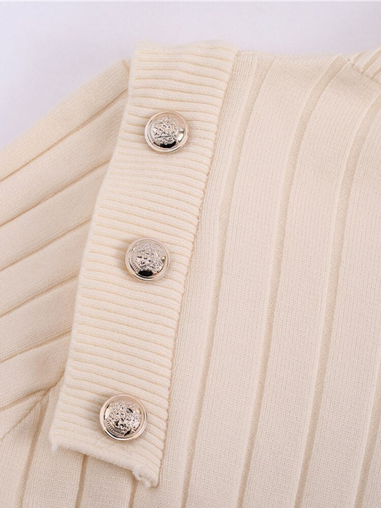 Pullover High Neck Knitwear Women's Spring And Autumn New Slim Button Decoration Long Sleeve Thin Sweater Bottoming Trend