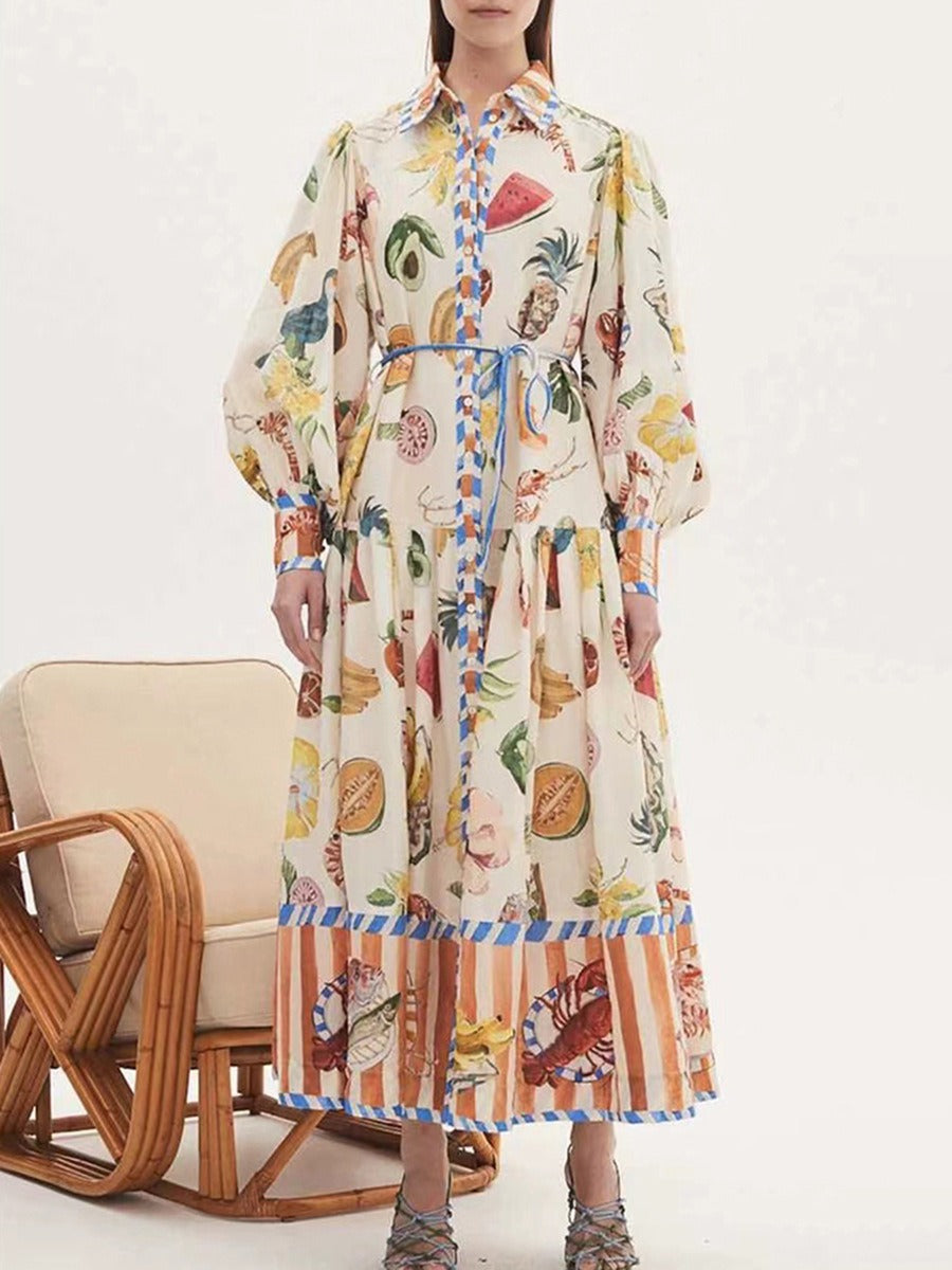 FRUIT PRINTED LONG DRESS FLIP NECK LAMP SLEEVE TIE UP DRESS
