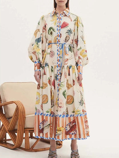 FRUIT PRINTED LONG DRESS FLIP NECK LAMP SLEEVE TIE UP DRESS