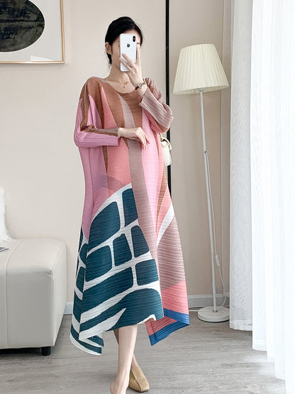 Printed Pleated Dress Women Long Sleeves Contrast Color Irregular Loose Lady Stylish Party Clothing